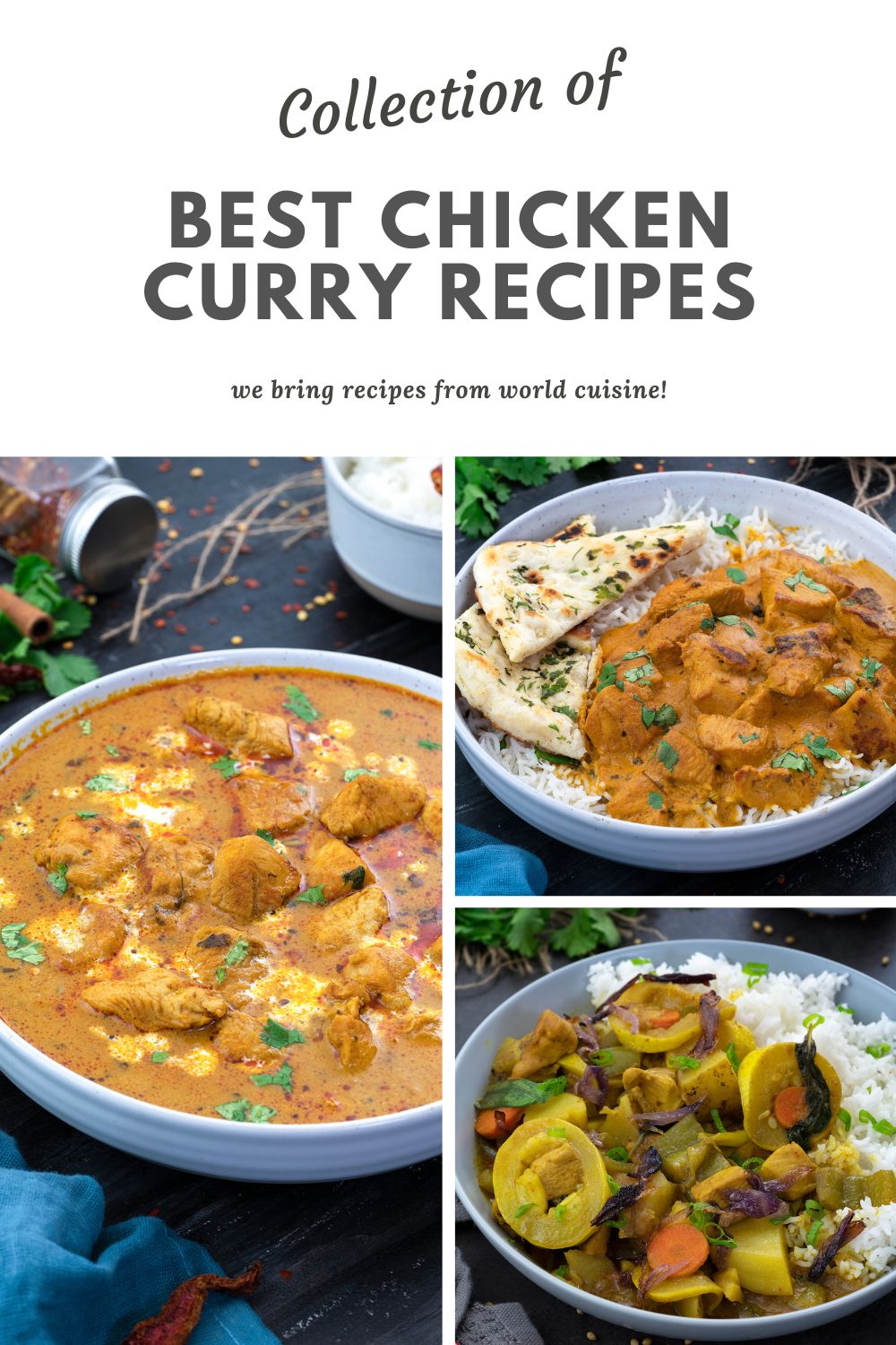 An image collage featuring different chicken curry recipes, each presented in a separate bowl.