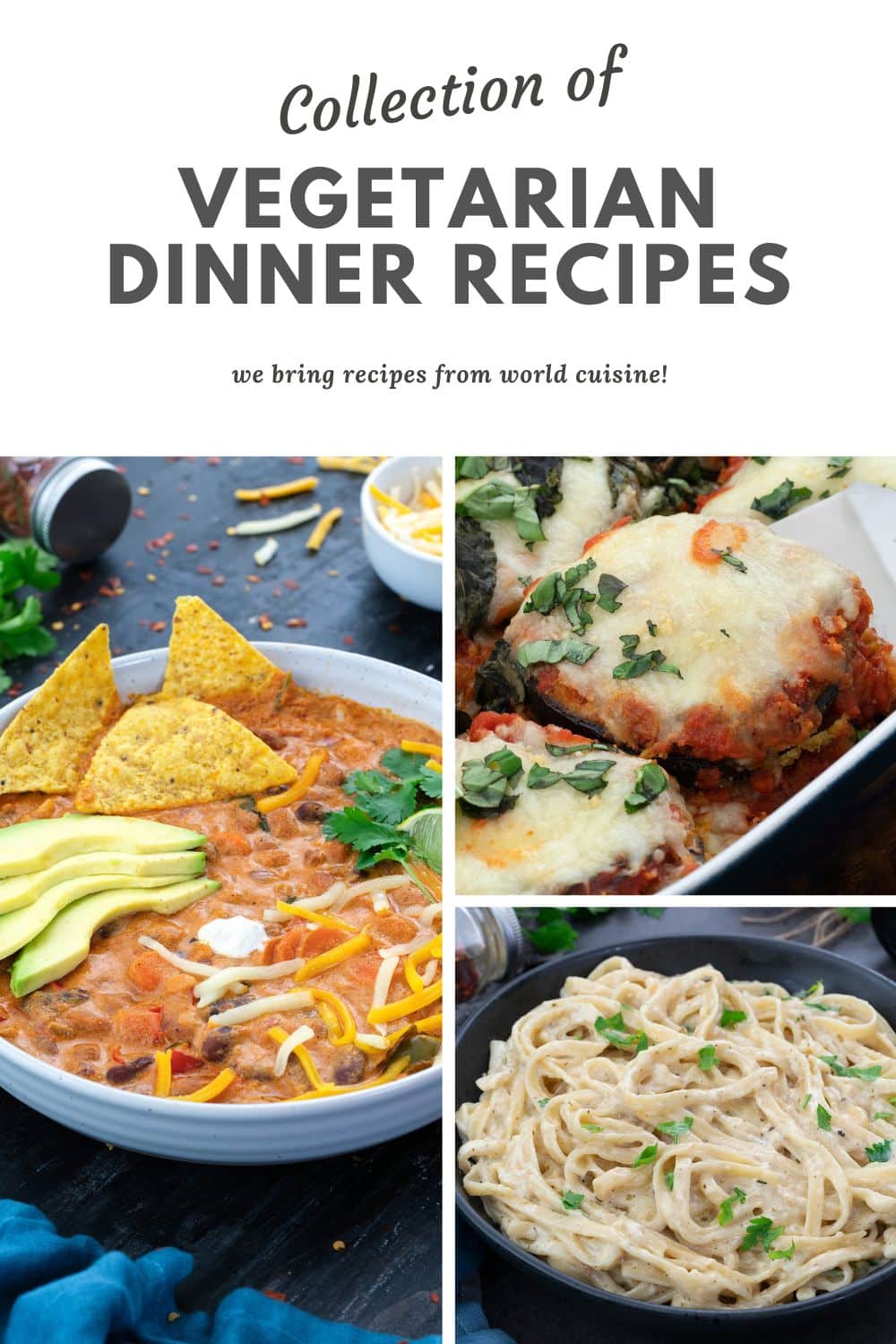 A collection of healthy vegetarian dinner recipes depicted in a collage of images.