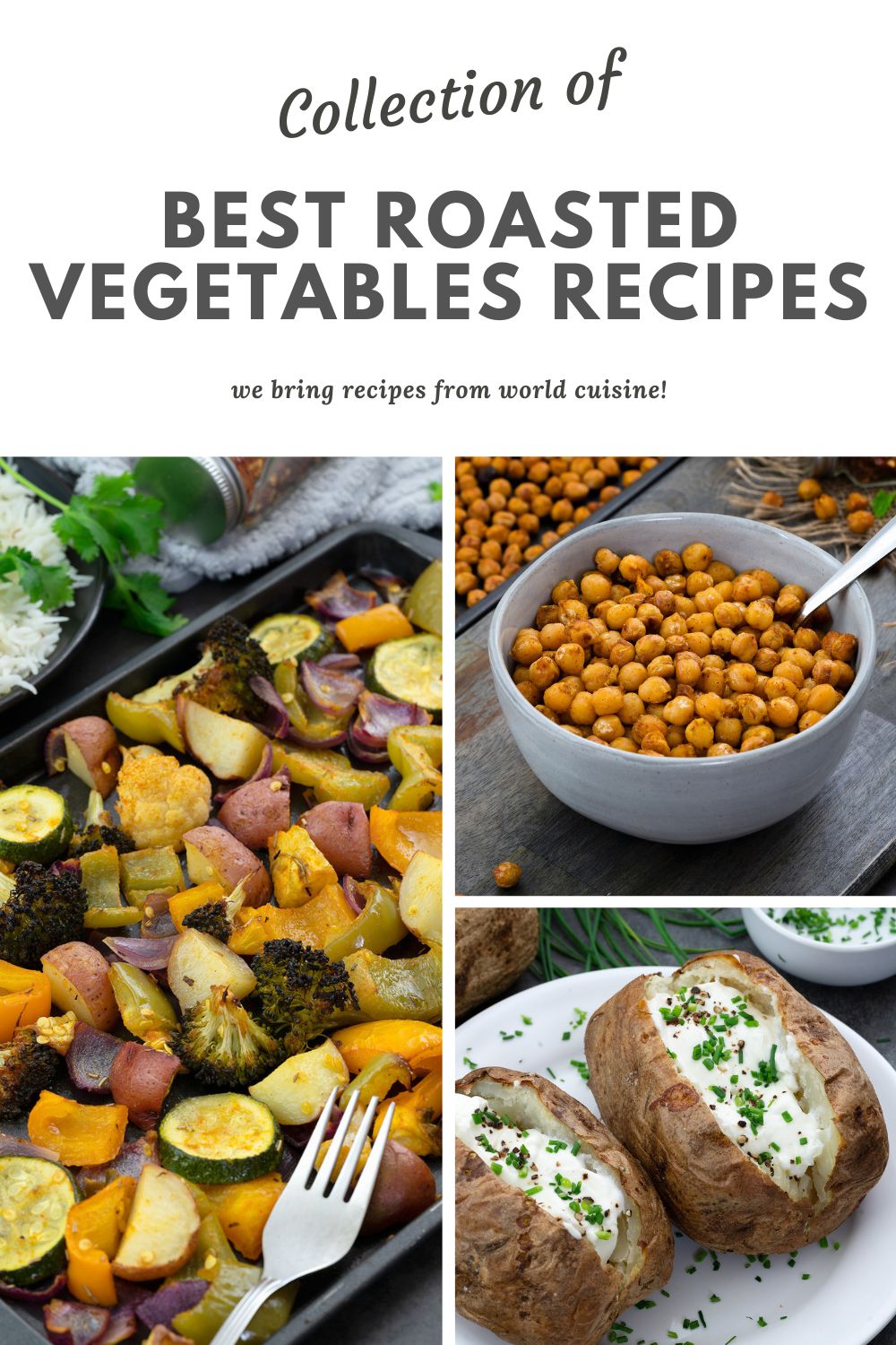 A collection of three roasted vegetable recipes, featuring a variety of vegetables.