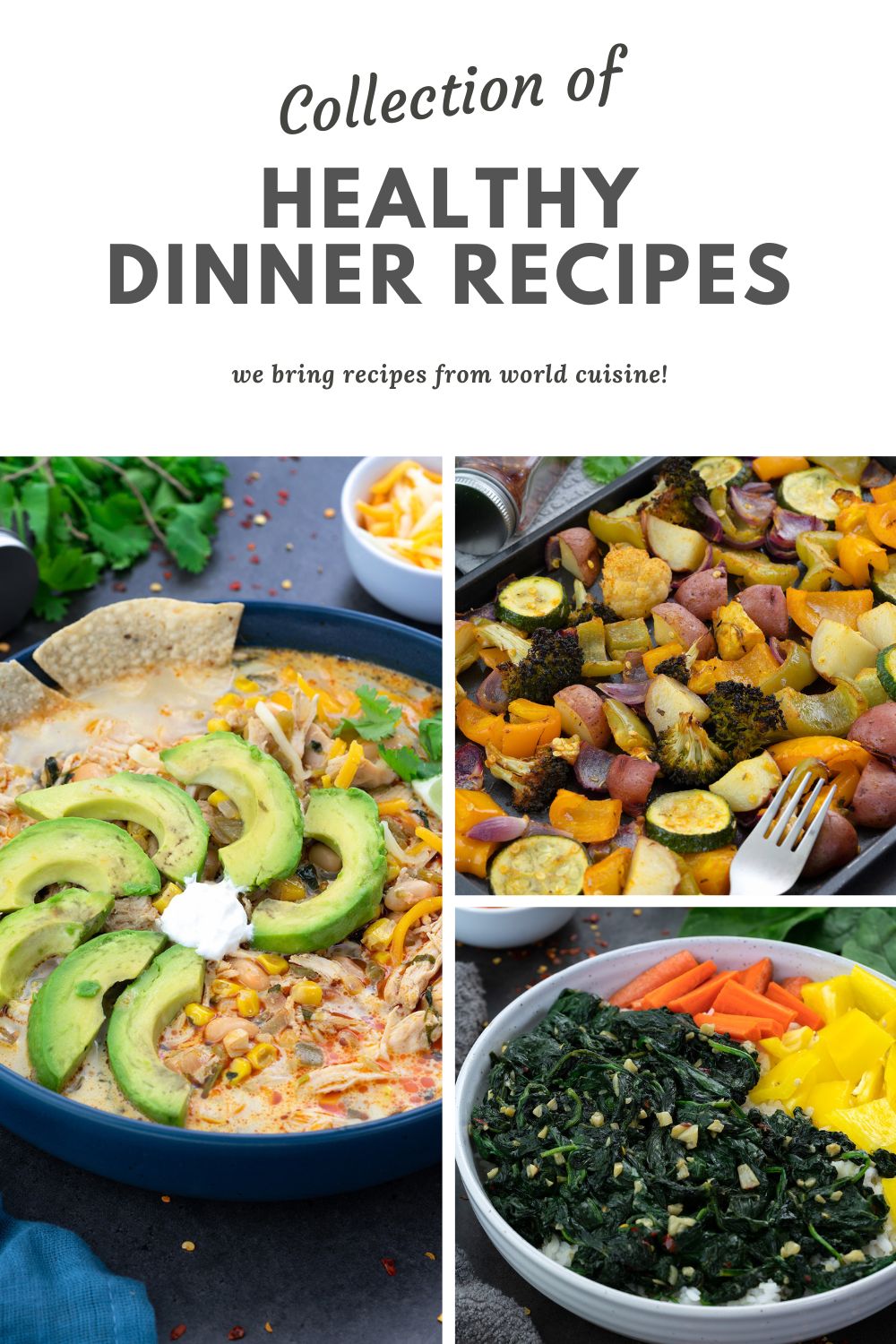 Image collage of healthy dinner dishes in a tray and bowls