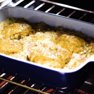 Chicken and rice baking in oven without foil.