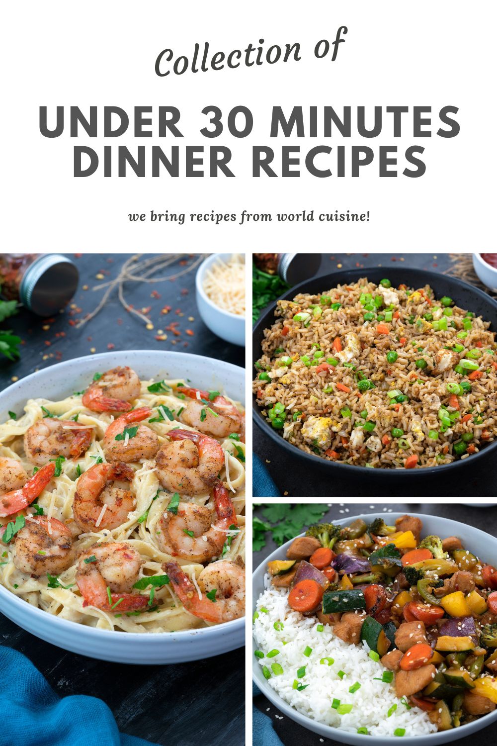A collection of under 30 minutes dinner recipes depicted in a collage of images.