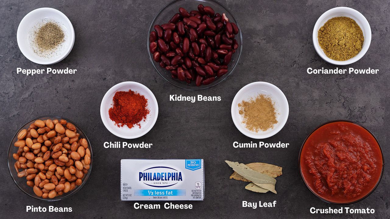 Homemade Vegetarian Chili Ingredients placed on a grey table.