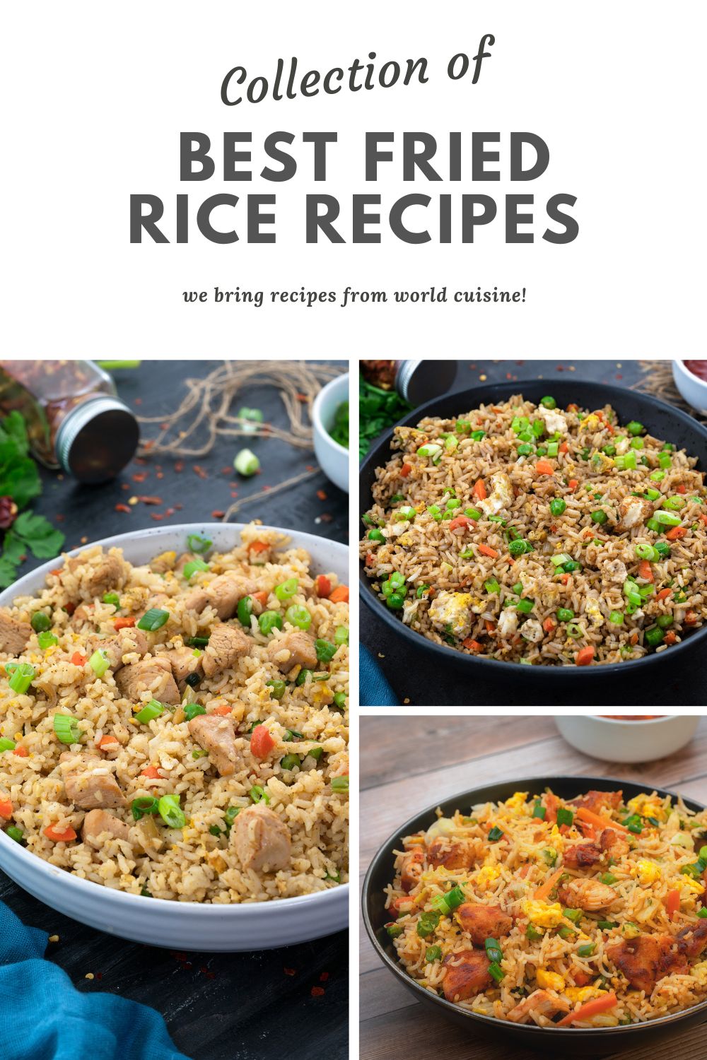 Collage of different fried rice recipes in bowls.