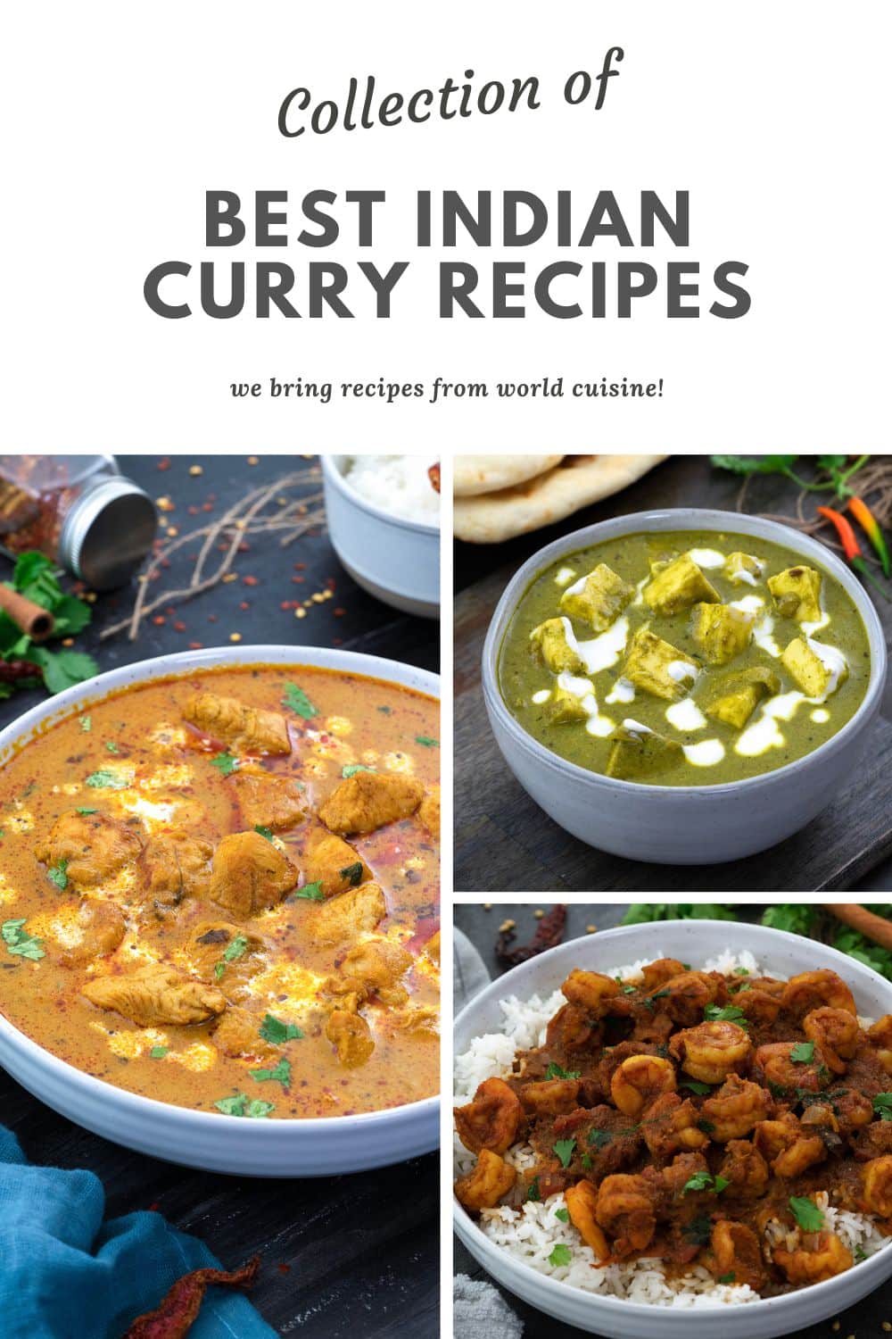 Collage of various Indian curry dishes served in bowls.