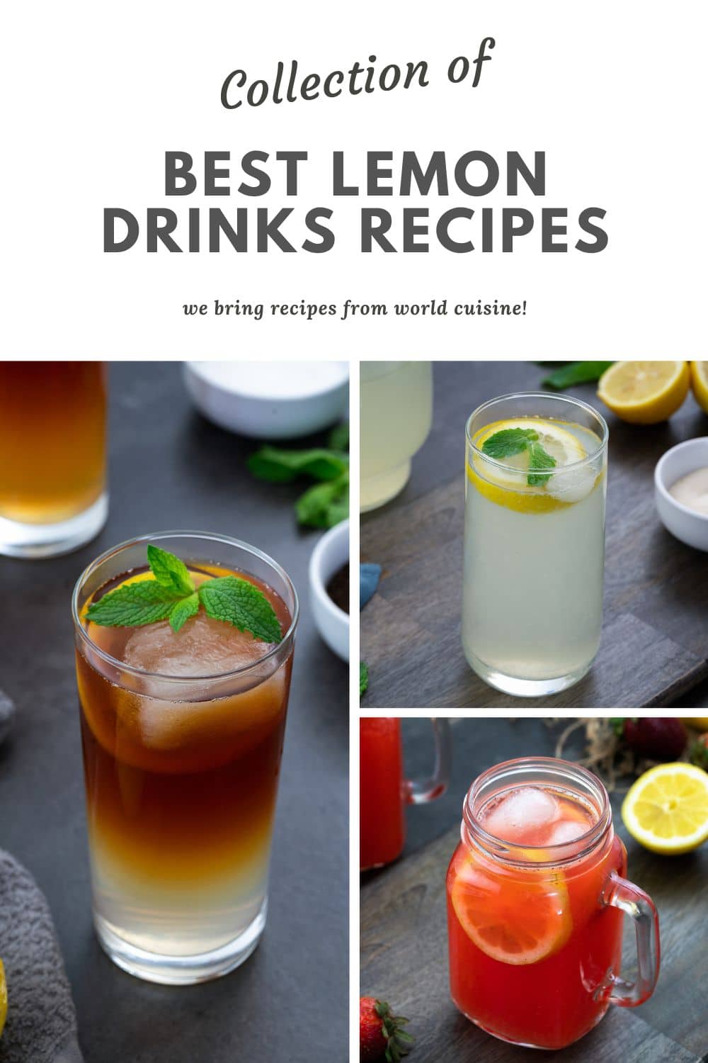 Collage of lemon drinks in different serving glasses.