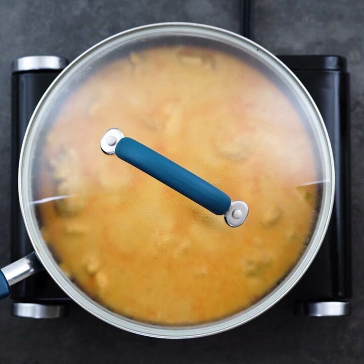 Chicken Korma is cooking in a pan with lid closed.