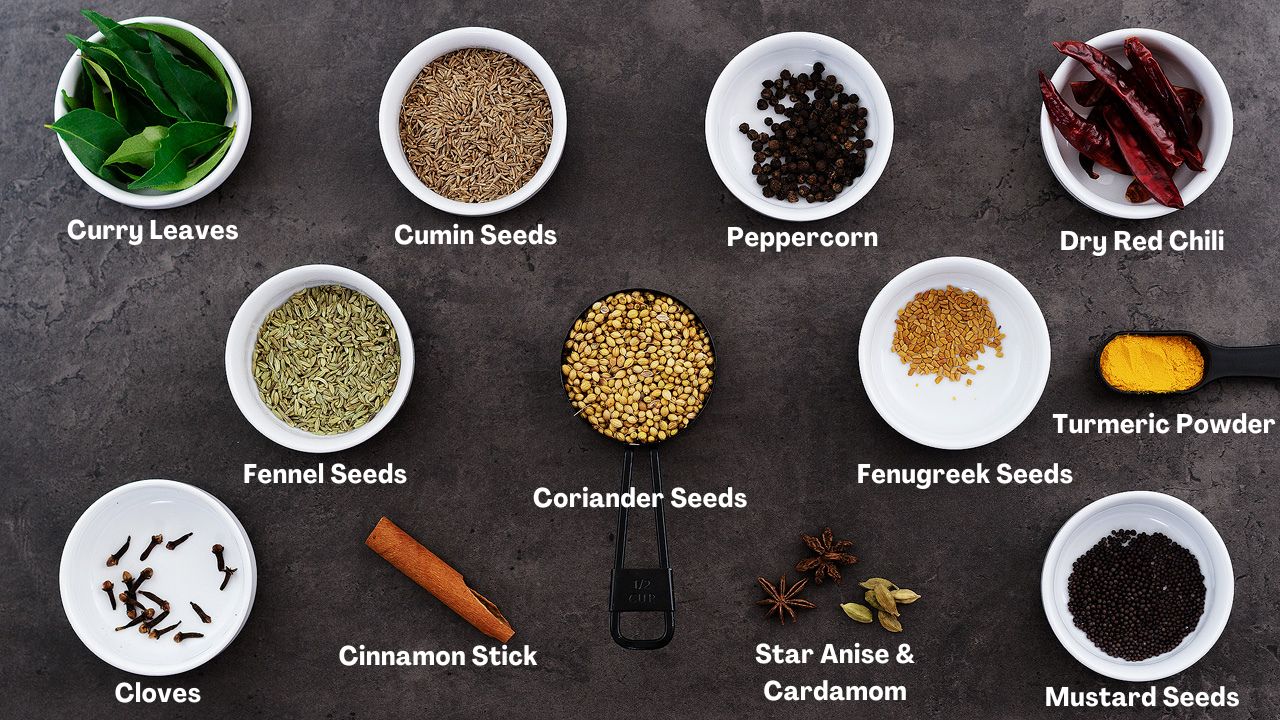 Curry Powder recipe ingredients arranged on a grey table.