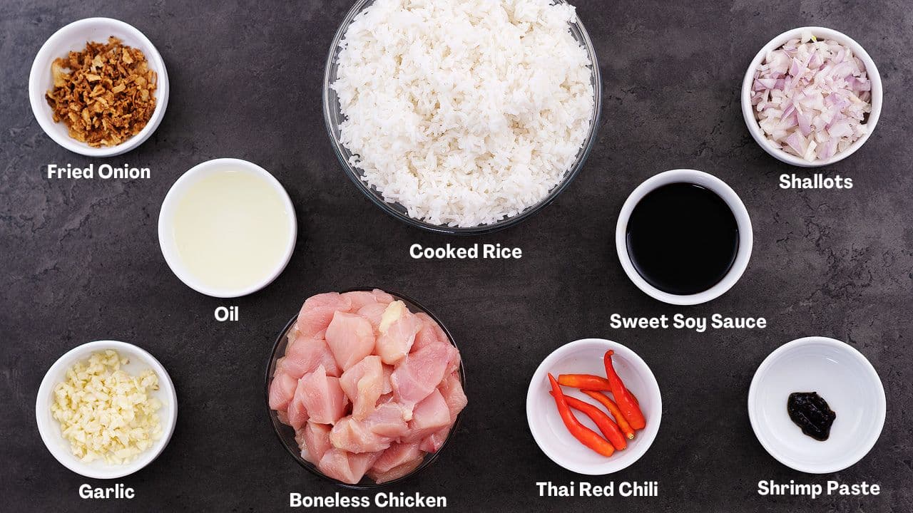 Nasi Goreng (Indonesian Fried Rice) recipe Ingredients arranged on a grey table.