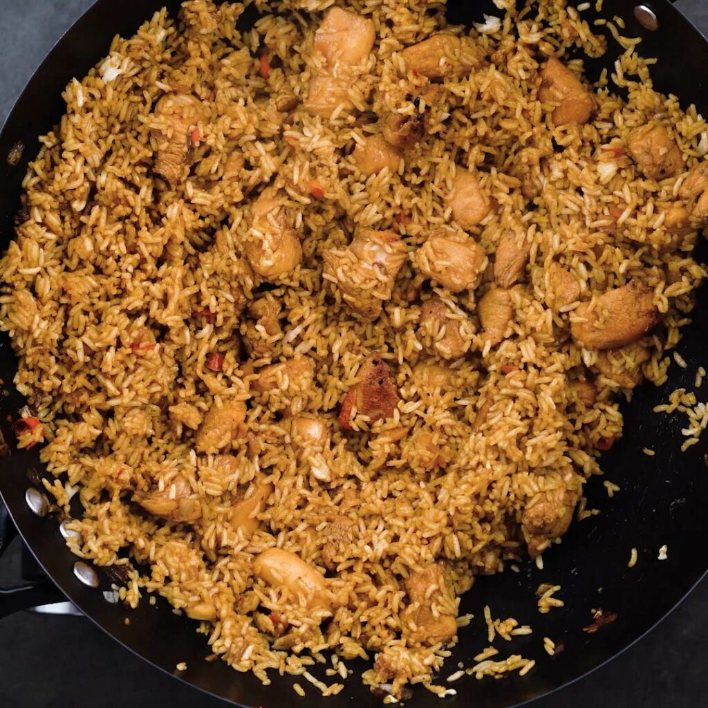 A wok with Indonesian fried rice.