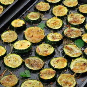 Roasted Zucchini in a baking tray.