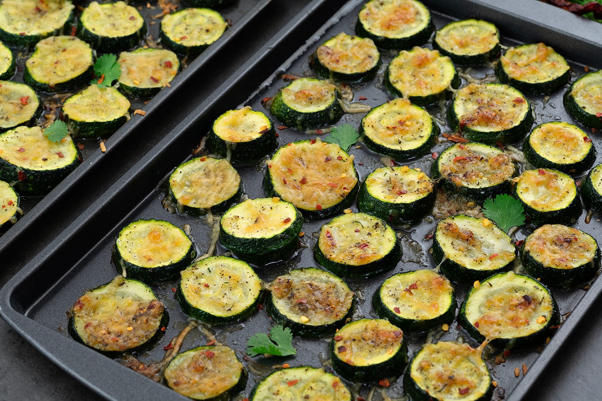 Roasted Zucchini in a baking tray.