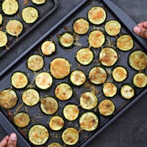 Oven Roasted Zucchini in a baking tray.