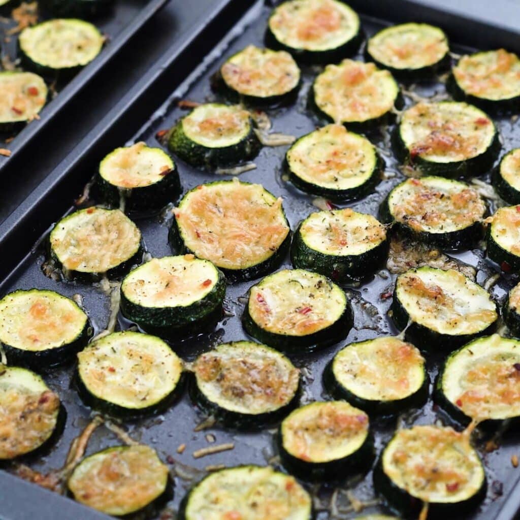 Oven Roasted Zucchini in a baking tray.
