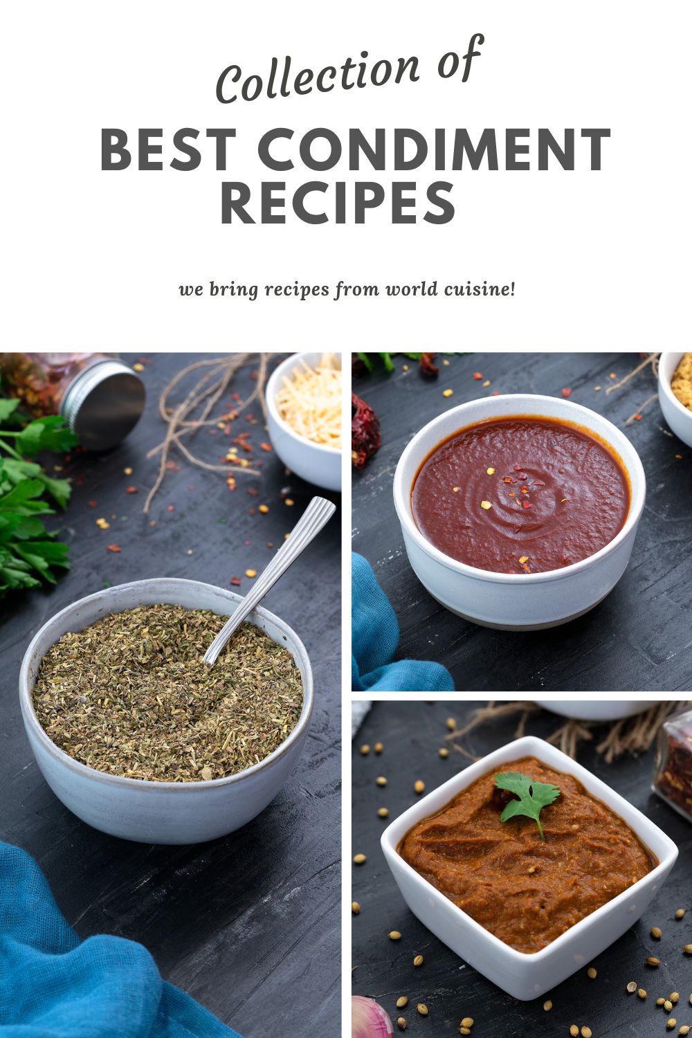 Collage of different condiments in bowls.