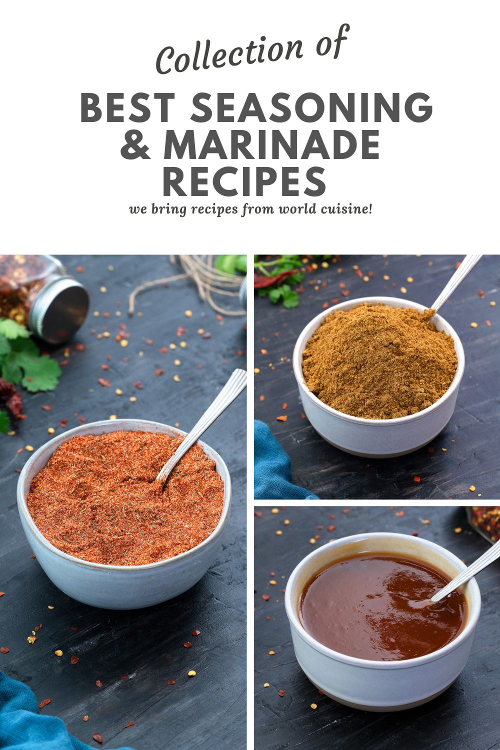 Collage of seasonign and marinade in different bowls.