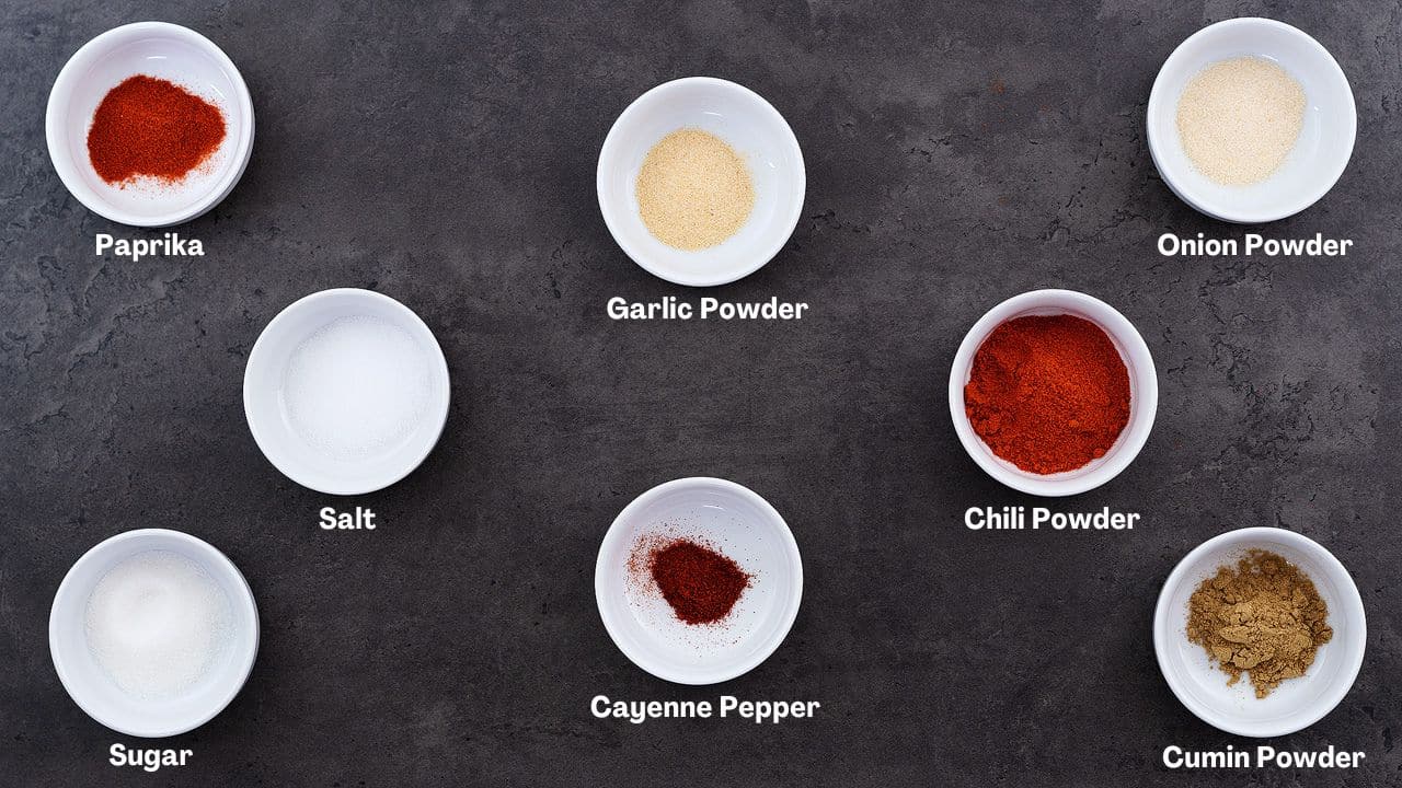 Fajita Seasoning recipe Ingredients arranged on a grey table.