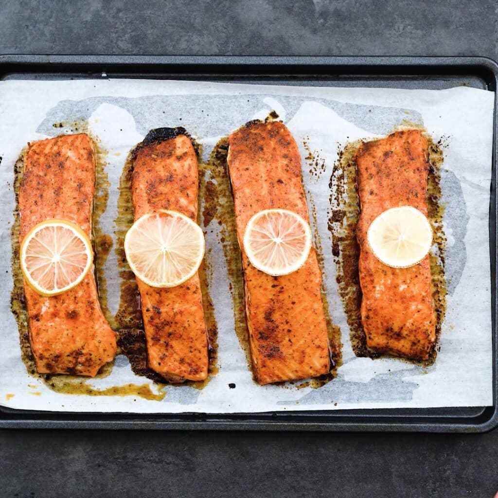 Oven Baked Salmon in a baking tray.