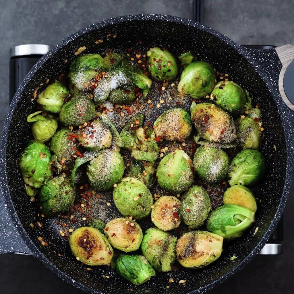 Brussels Sprouts seasoned with basic seasonings.