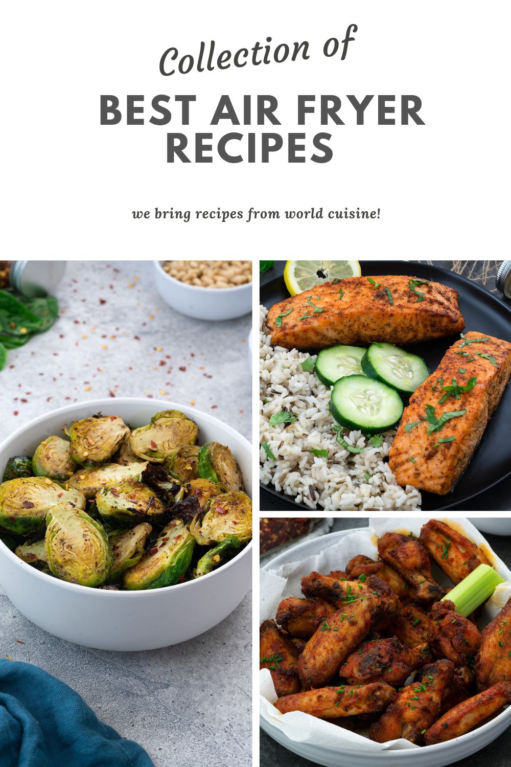 Collage of three different air fryer dishes served in bowls and plate.