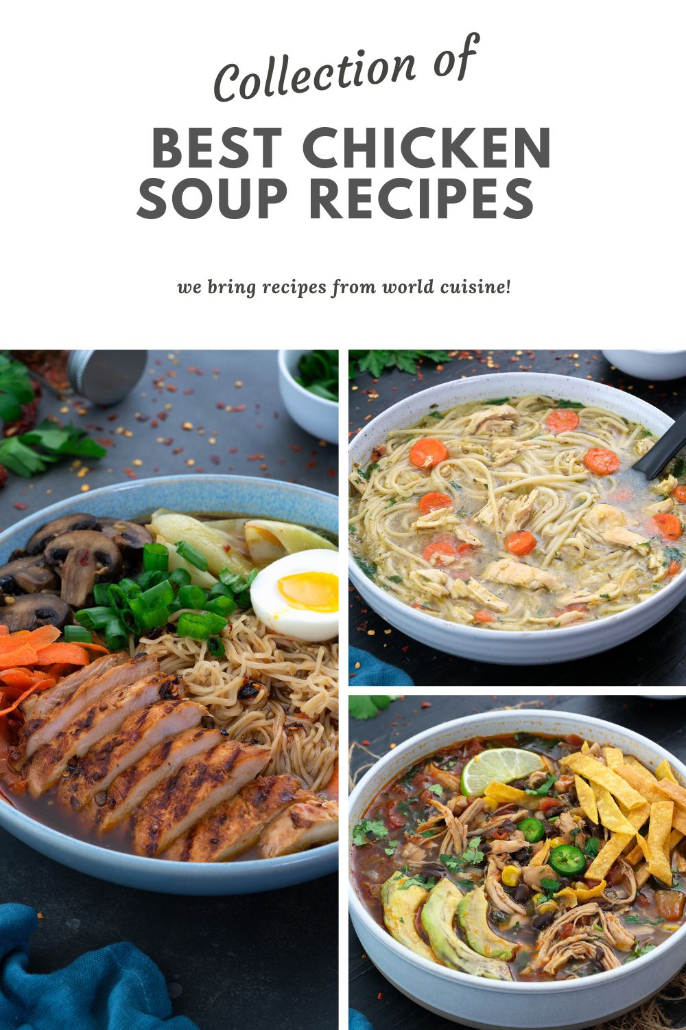 Collage of different soup recipes in different bowls.