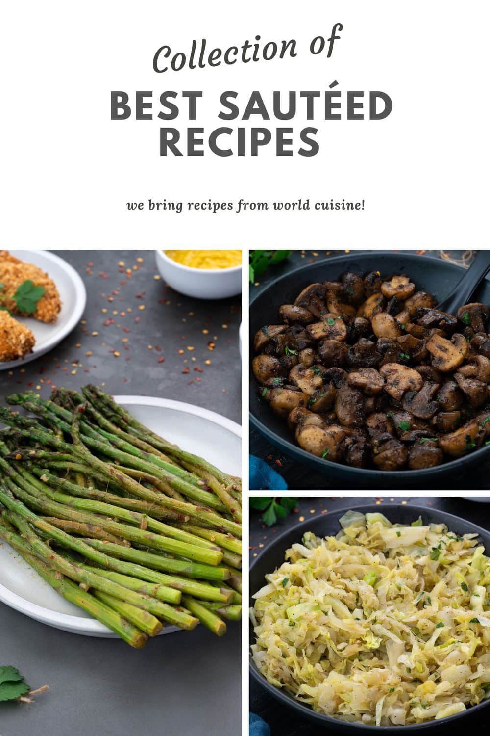 Collage of different sautéed dishes in bowls and a plat.