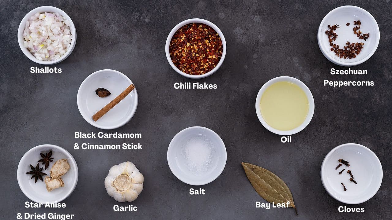 Chili Oil recipe Ingredients placed on a grey table.