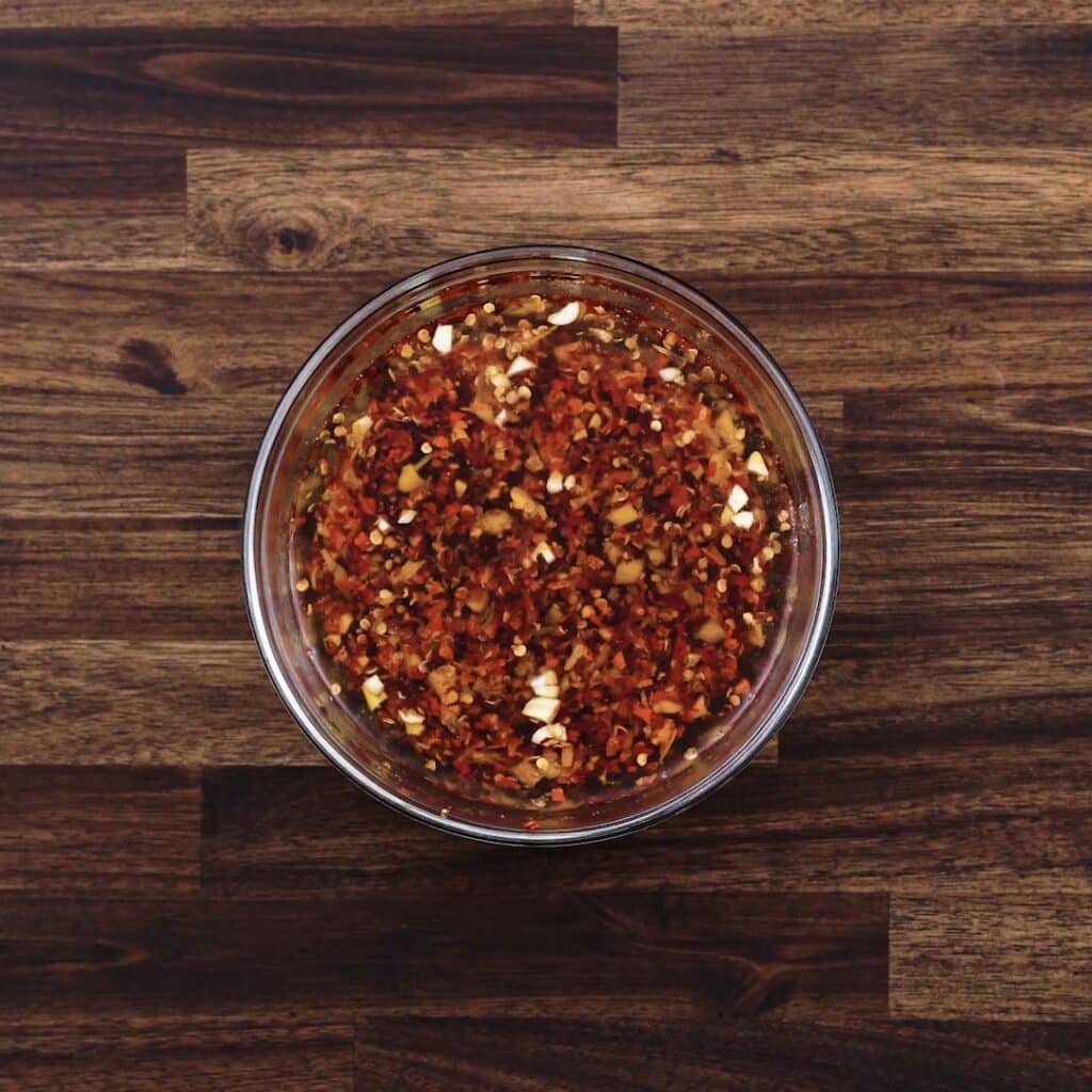 A bowl with hot Chili Oil.