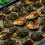 Oven Roasted Brussels Sprouts in a baking tray.