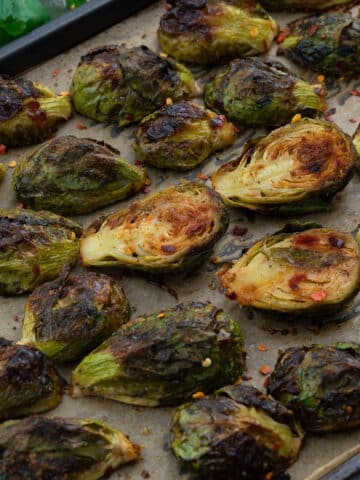 Oven Roasted Brussels Sprouts in a baking tray.