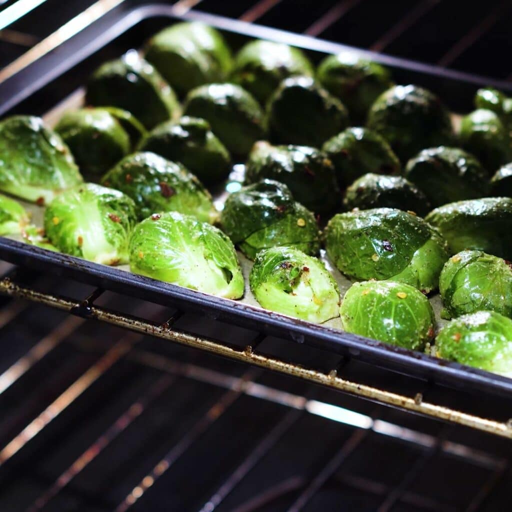 Brussels Sprouts roasting in the oven.