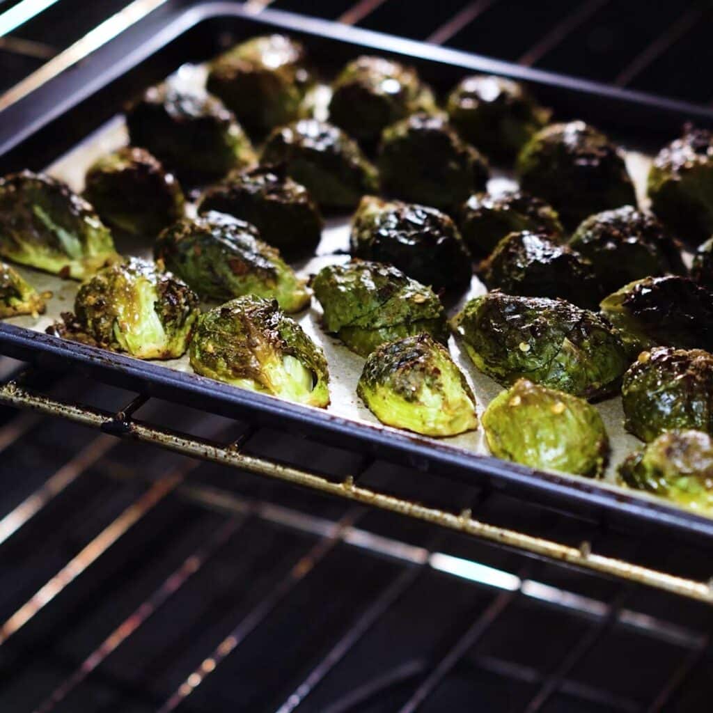 Roasted Brussels Sprouts inside the oven.