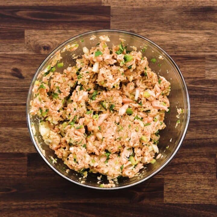 A bowl with salmon breadcrumb mixture.