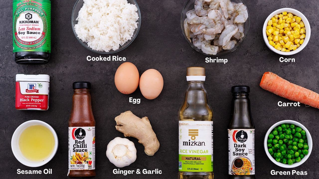 Shrimp Fried Rice recipe Ingredients arranged on a grey table.