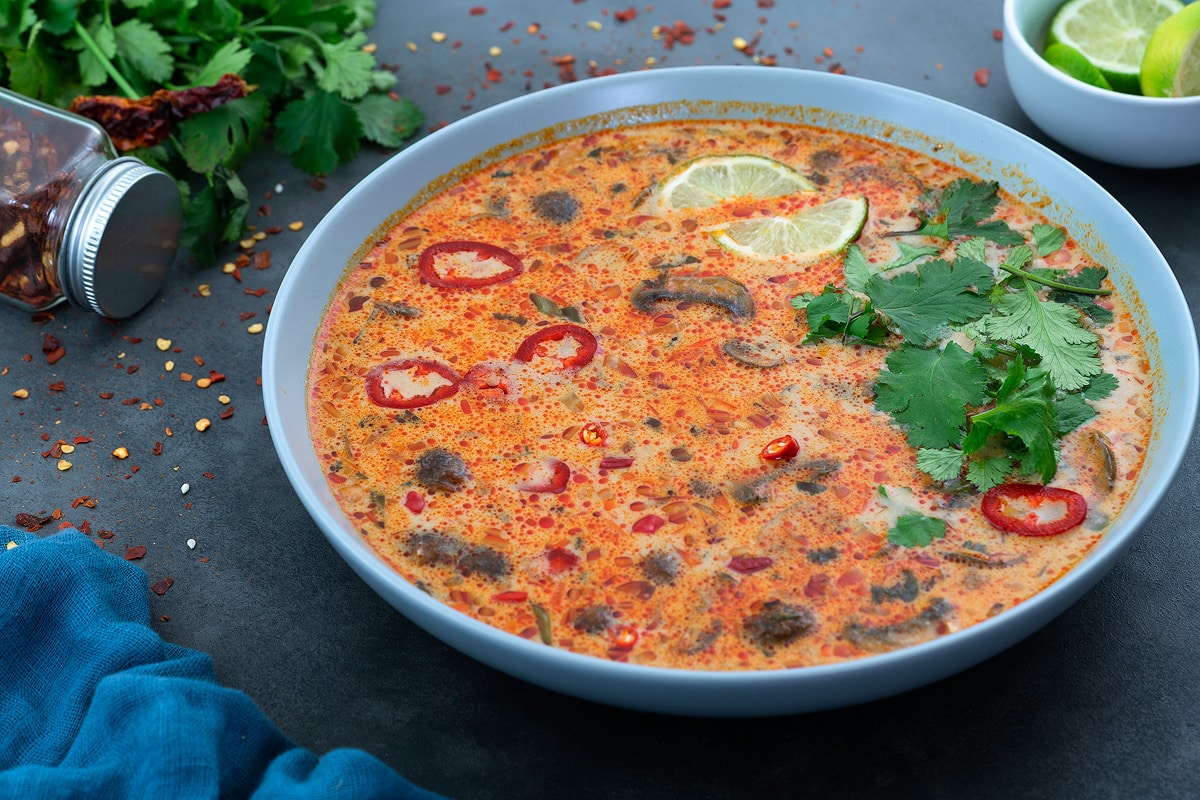 Thai Tom Kha Gai Soup in a white bowl with few ingredients scattered around.