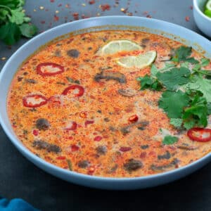 Thai Tom Kha Gai Soup in a white bowl with few ingredients scattered around.