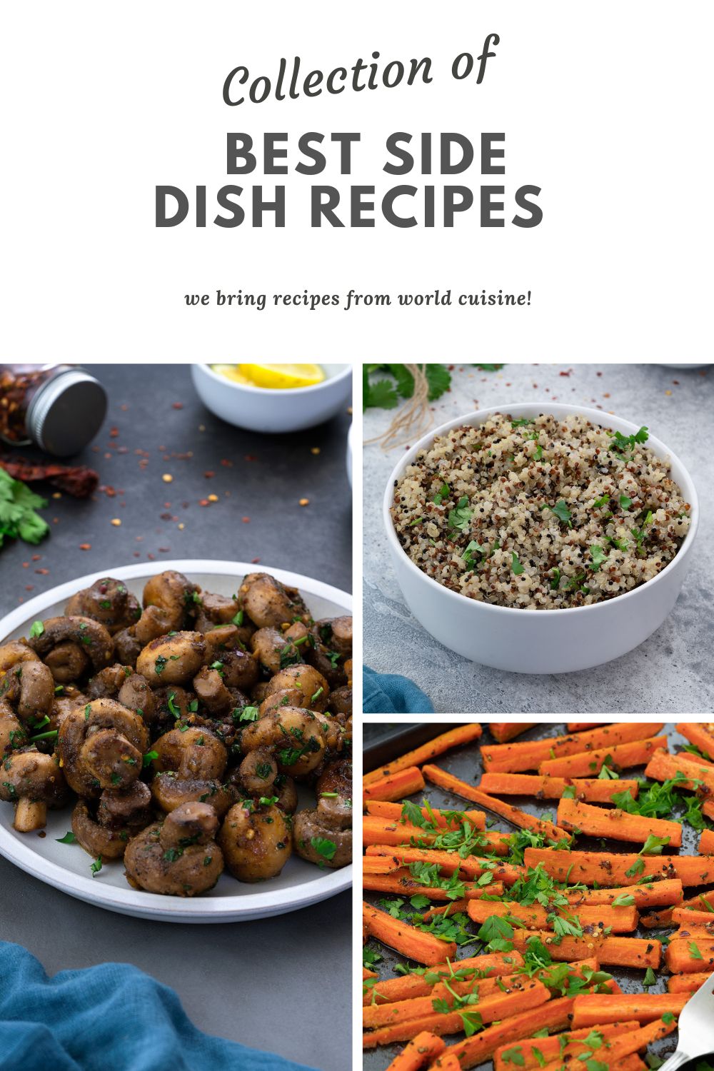 Collage of different side dishes served in a bowl, plate and a baking tray.