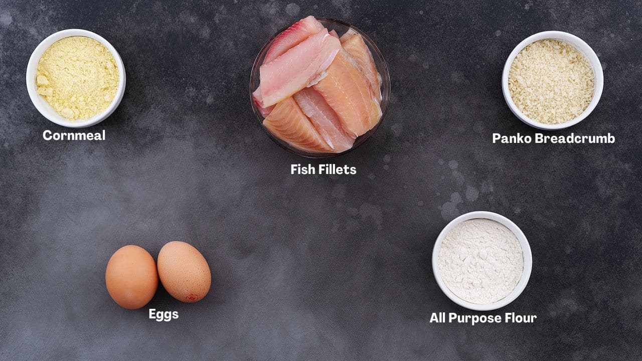 Fish Fry recipe Ingredients arranged on a grey table.