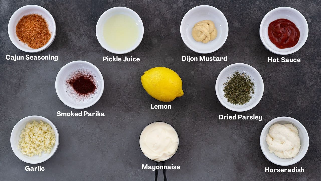 Remoulade Sauce recipe Ingredients arranged on a grey table.