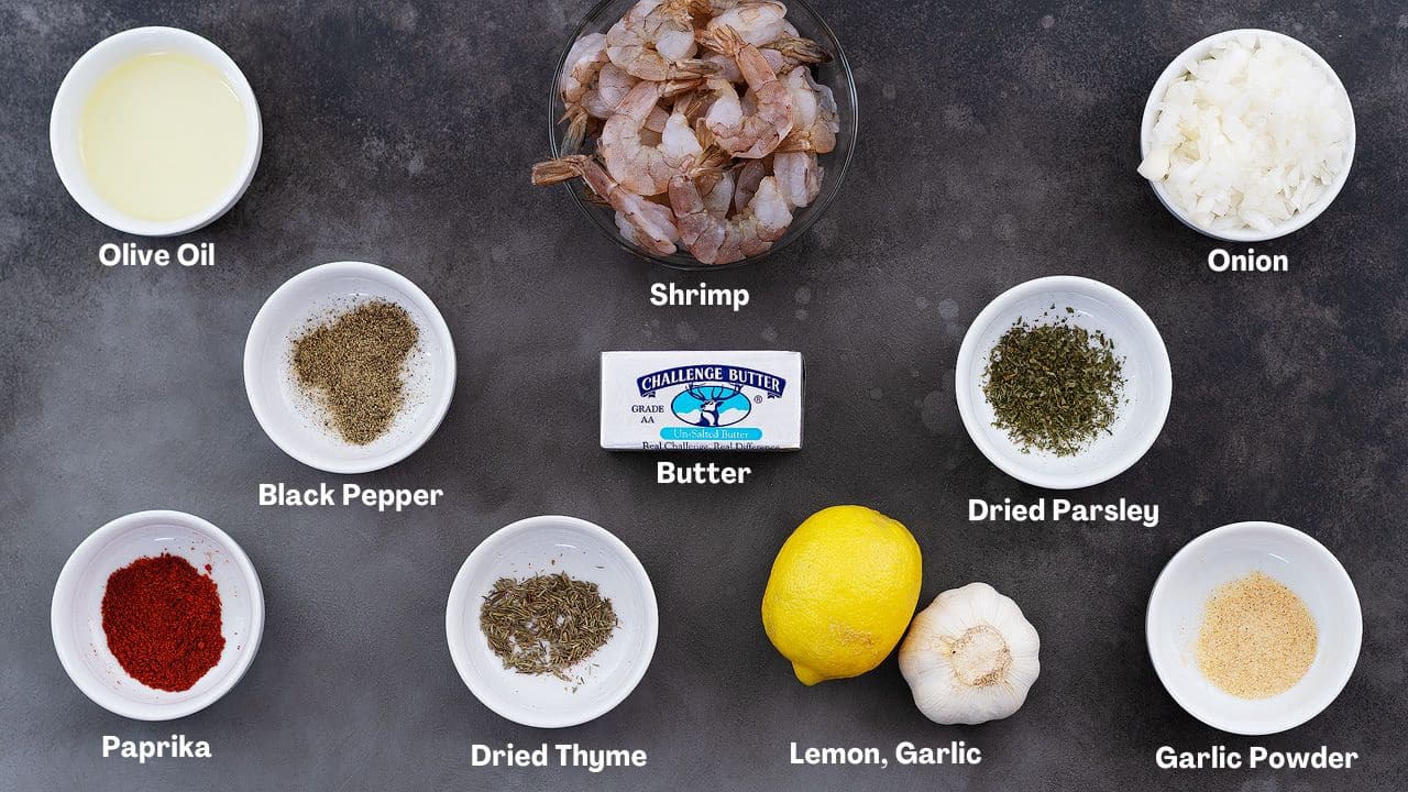 Sauteed Shrimp recipe Ingredients arranged on a grey table.