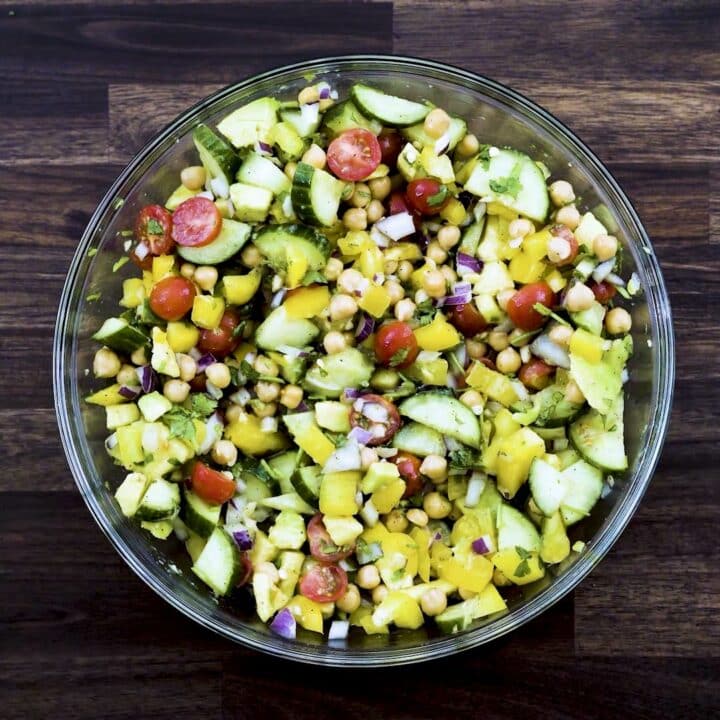 A bowl with chickpea salad.
