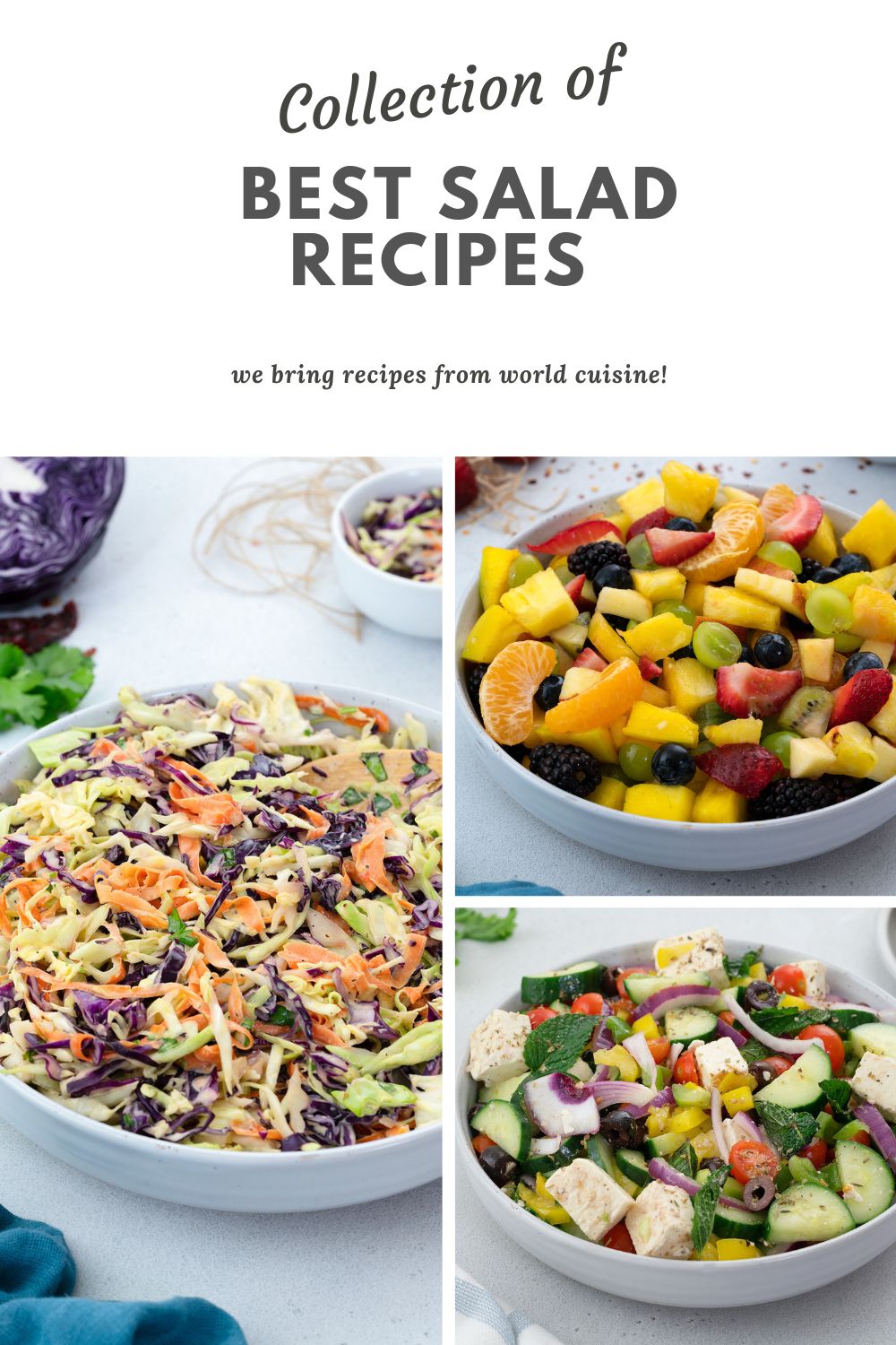 Collage of three Homemade, healthy and vegetarian Salads such as coleslaw, greek and fruit salad in white bowls placed on a white table.