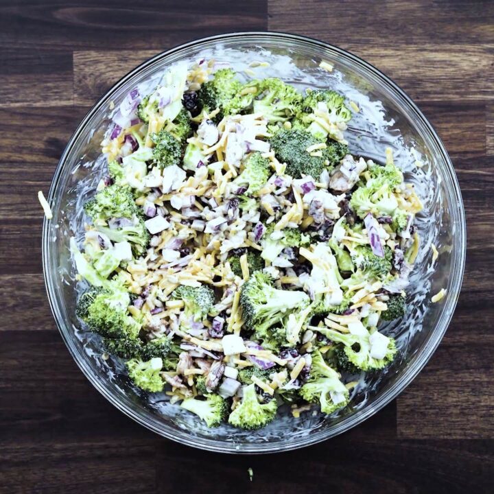 A bowl with broccoli salad.