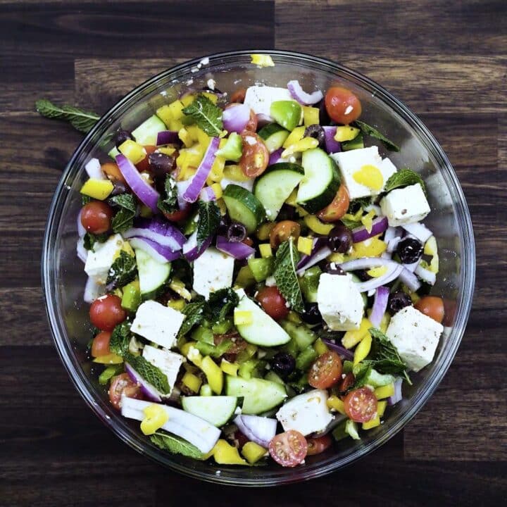 A bowl with Greek Salad.