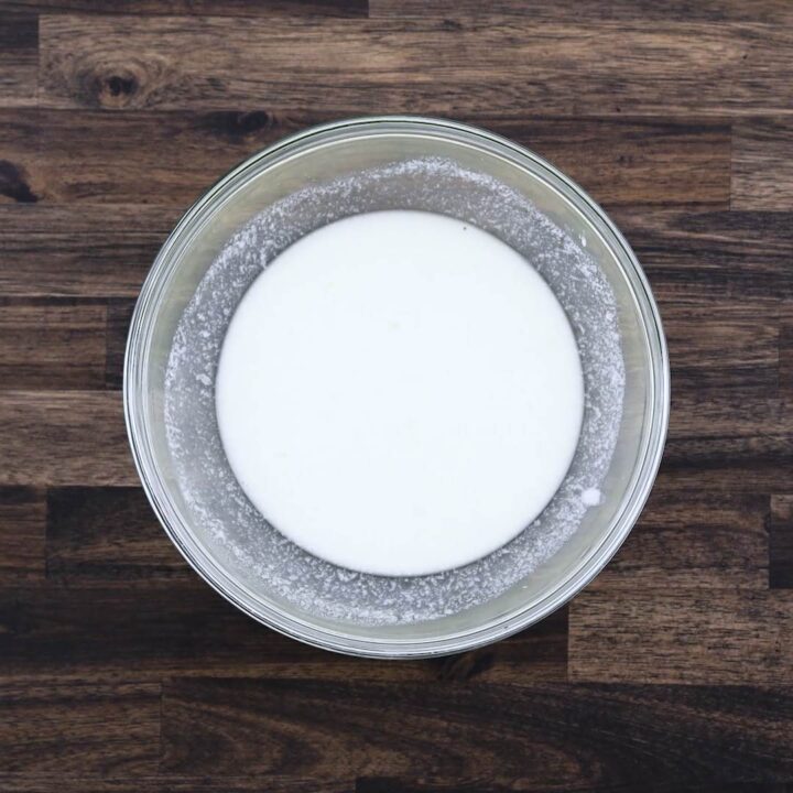 A bowl with buttermilk mixture.