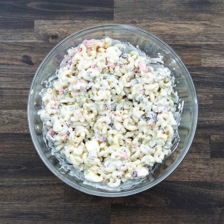 A bowl with Macaroni Salad.