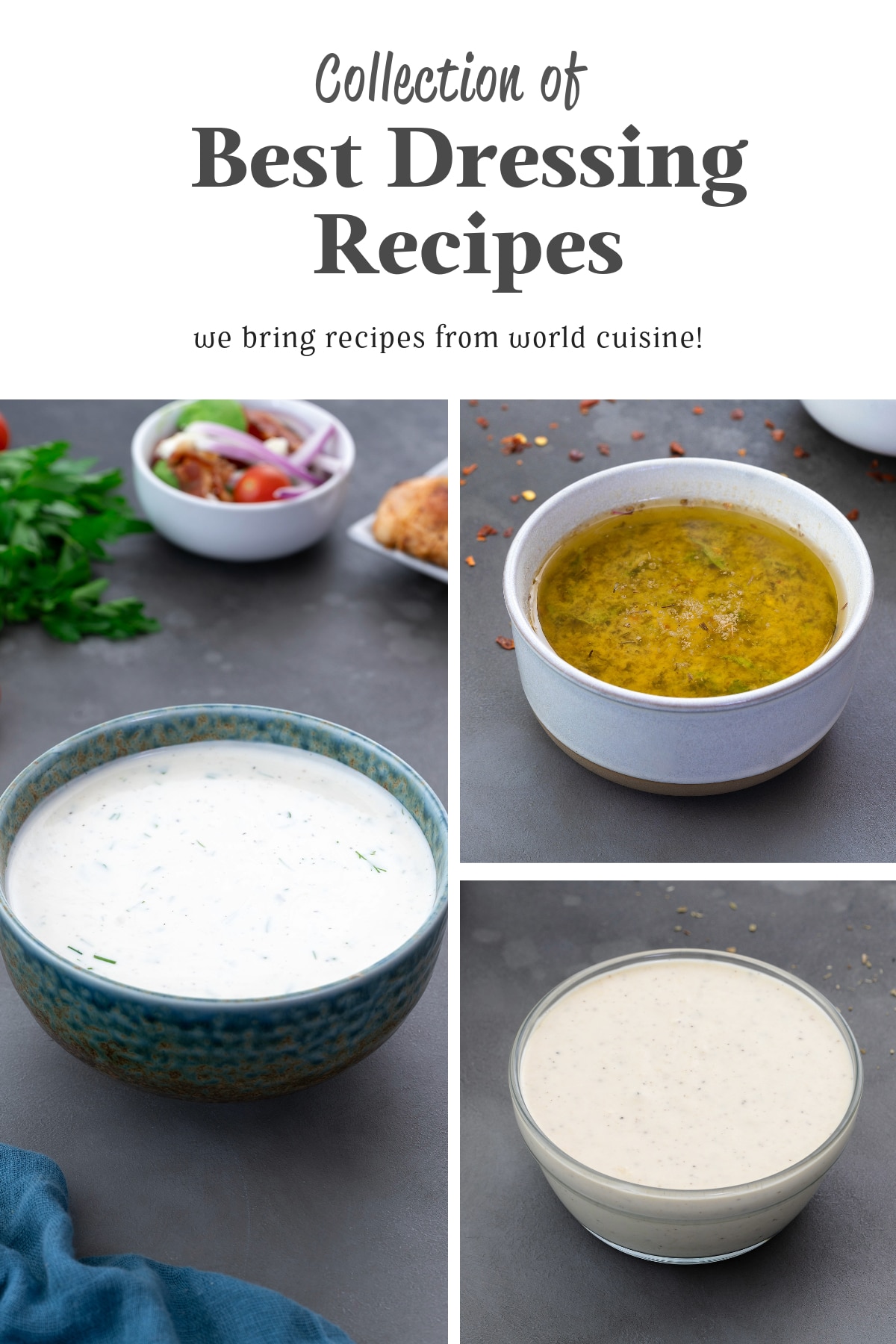 Collage of three different dressings in various types of bowls: Ranch, Caesar, and Italian dressing.