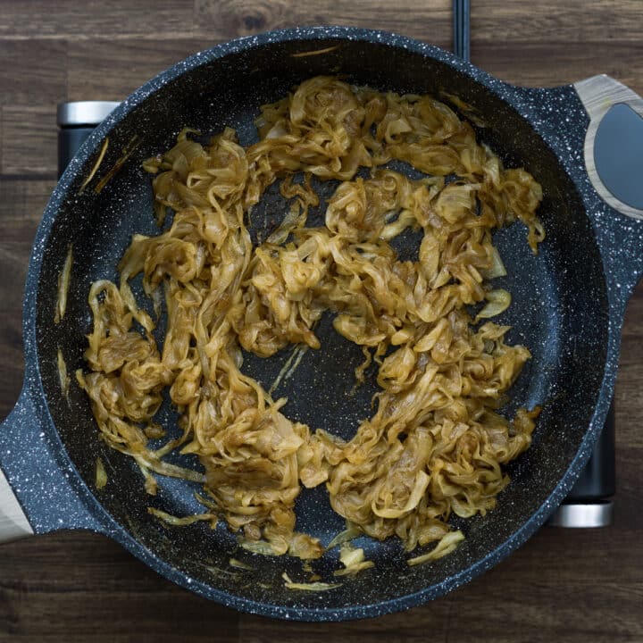 A pan with golden deep brown caramelized onions.