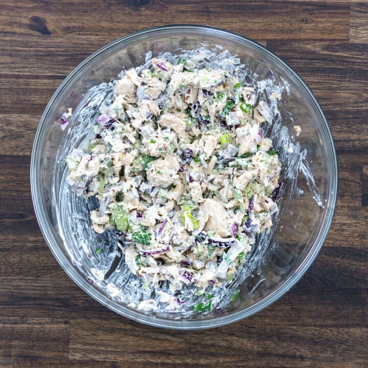 A bowl with Tuna Salad.