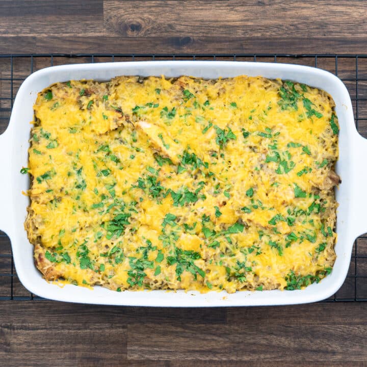 Chicken and rice casserole in a baking dish.